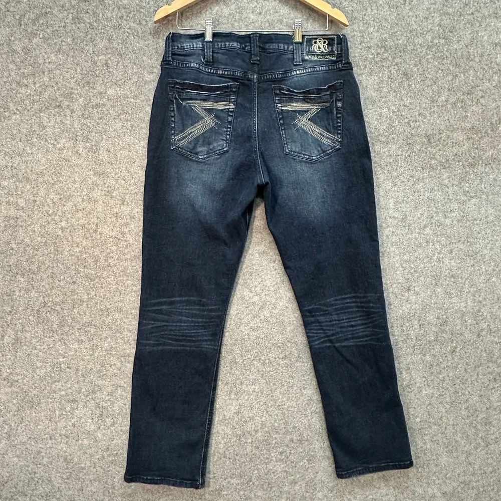 Rock and Republic Jeans Mens 36 Straight Dark‎ Blue Distressed Embroidery EUC